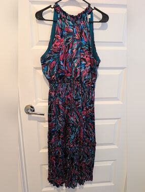 Nicole Miller Teal, Pink & Blue Abstract Maxi Dress